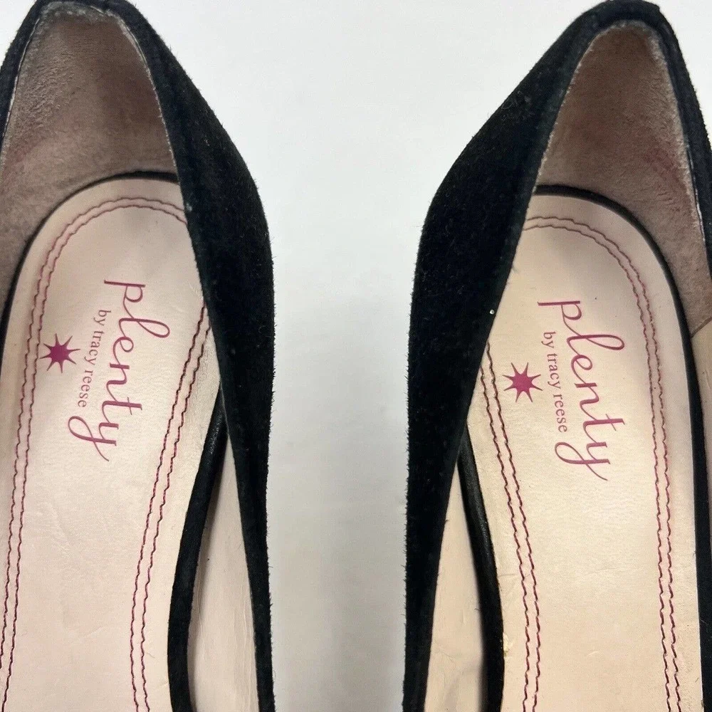 Plenty by Tracy Reese Black Suede Ruffle Bow Heels Size 37.5 US 7.5